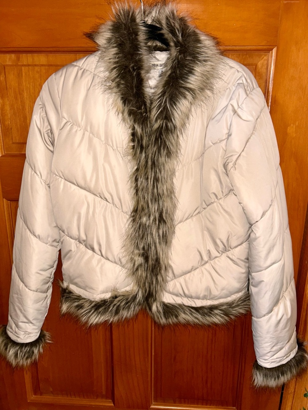 Urban Outfitters Light Beige Puffer Jacket with Gray Faux-Fur Trim